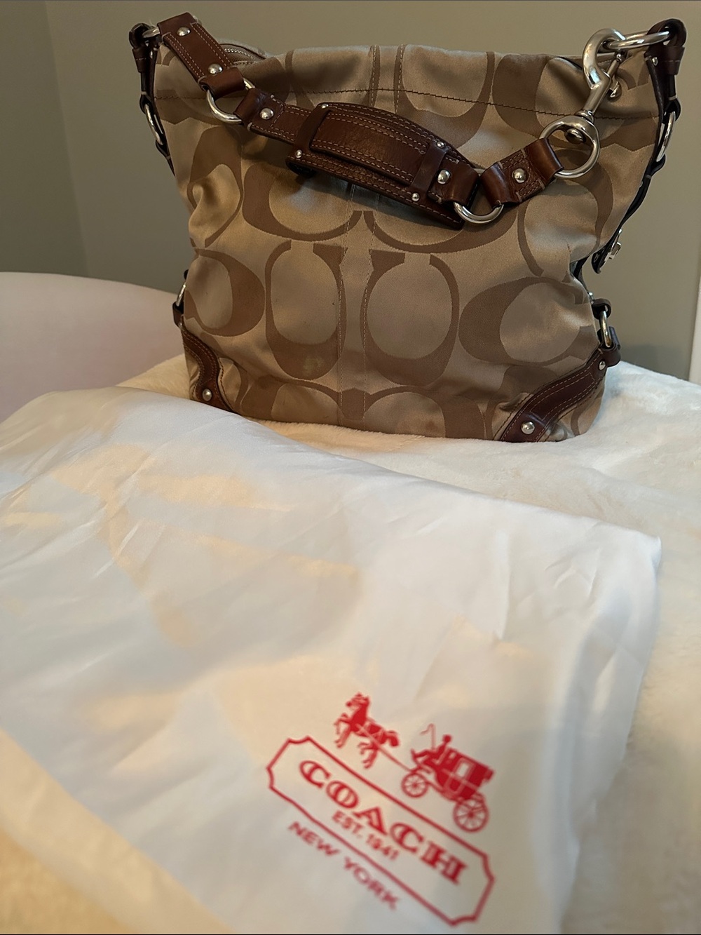 Coach Khaki Signature Shoulder Bag with Brown Leather Trim